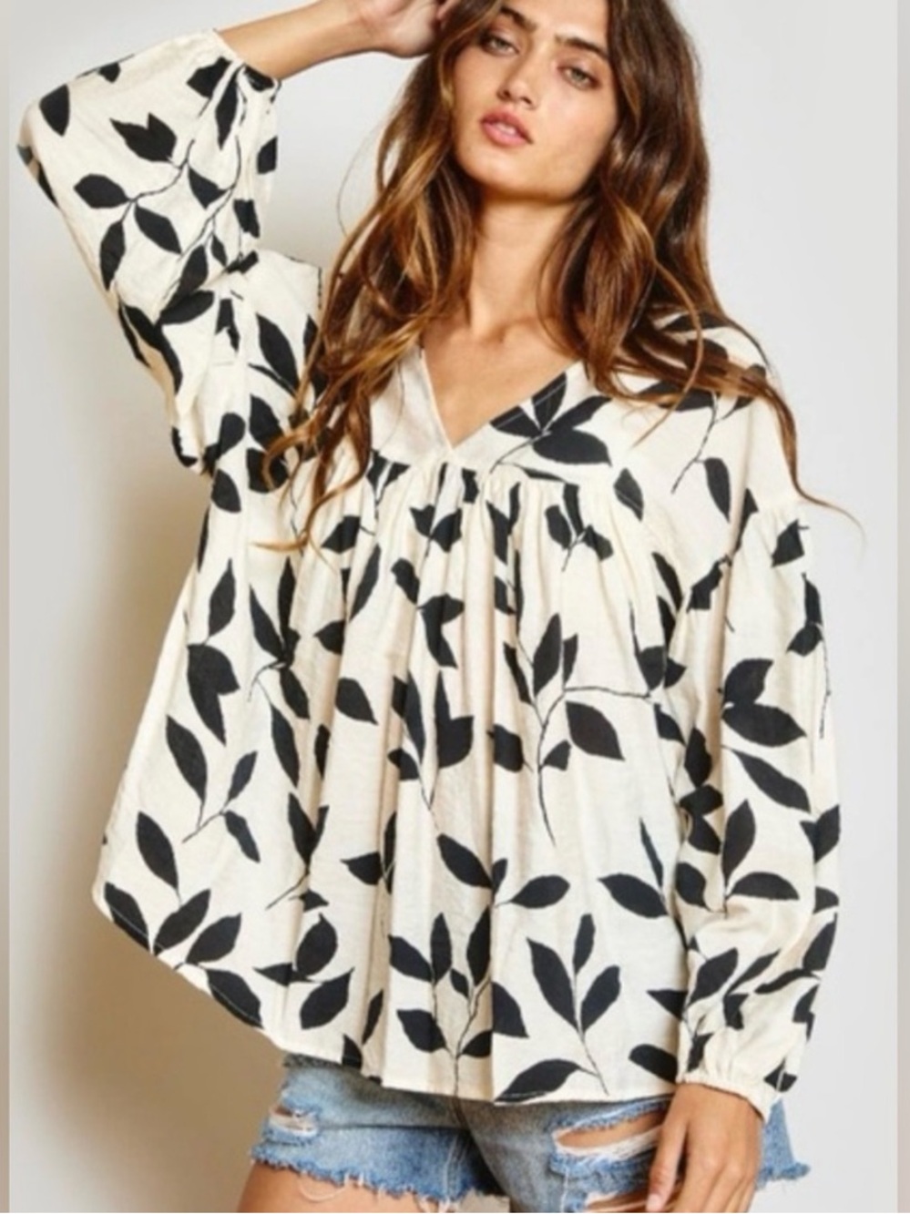 Ces Femme Abigail Blouse Black and White Leaf Print - XL to 1X